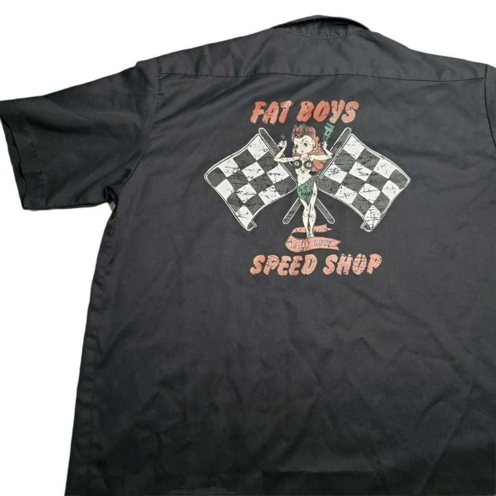 Dickies Fat Boys Lady Luck Speed Shop Logo Black Button up Shirt XL